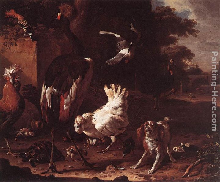 Birds and a Spaniel in a Garden painting - Melchior de Hondecoeter Birds and a Spaniel in a Garden art painting